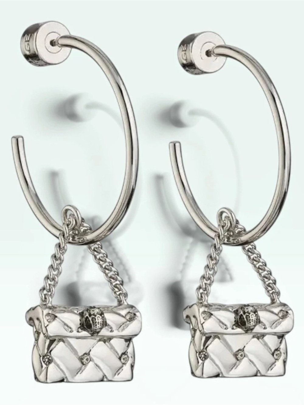 Kurt Geiger NWT Quilt Kensington Bag Drop Hoop Earrings in Silver - Picture 1 of 4